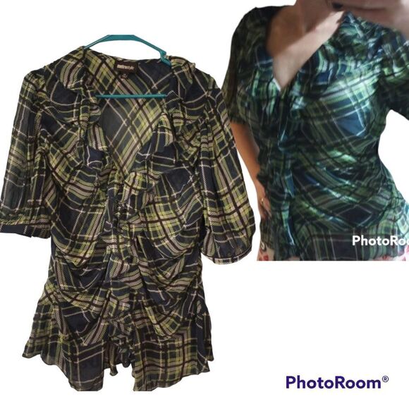 Sheer plaid shirt sleeve blouse with ruffle detailing - Picture 1 of 12